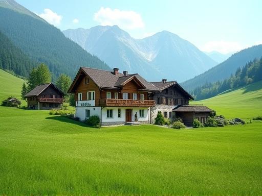 Traditional South Tyrolean farmhouse surrounded by green fields.