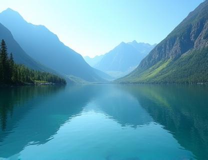Clear alpine lake reflecting mountains.