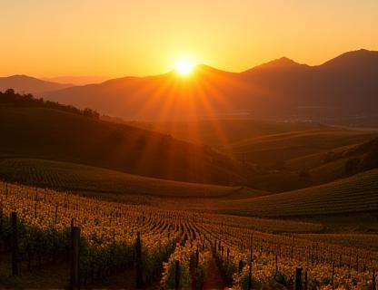 Vineyards in the valley during sunset.