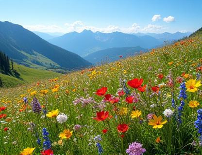 Alpine meadow filled with vibrant wildflowers.