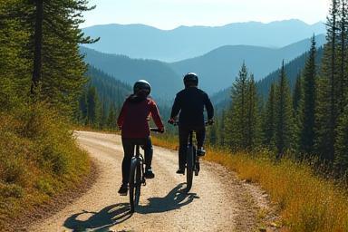 Two people riding e-bikes on a scenic mountain trail.