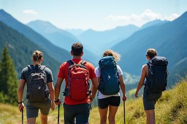 Group of hikers on a mountain trail overlooking a valley.