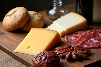 Spread of local cheese, bread, and wine on a wooden table.