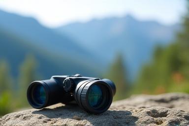 Binoculars resting on a rock with a mountain view in the background.